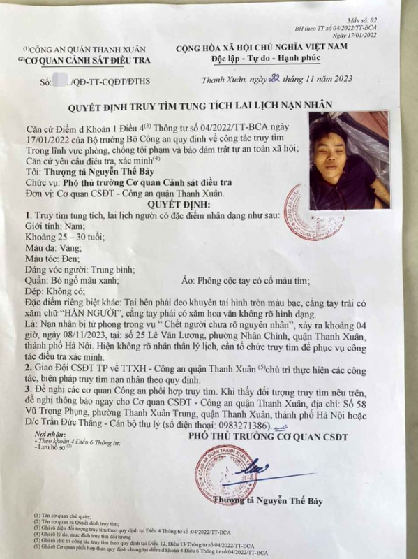 Công an quận Thanh Xuân tìm tung tích nạn nhân có hình xăm chữ “HẬN NGƯỜI”  | Báo Pháp luật Việt Nam điện tử