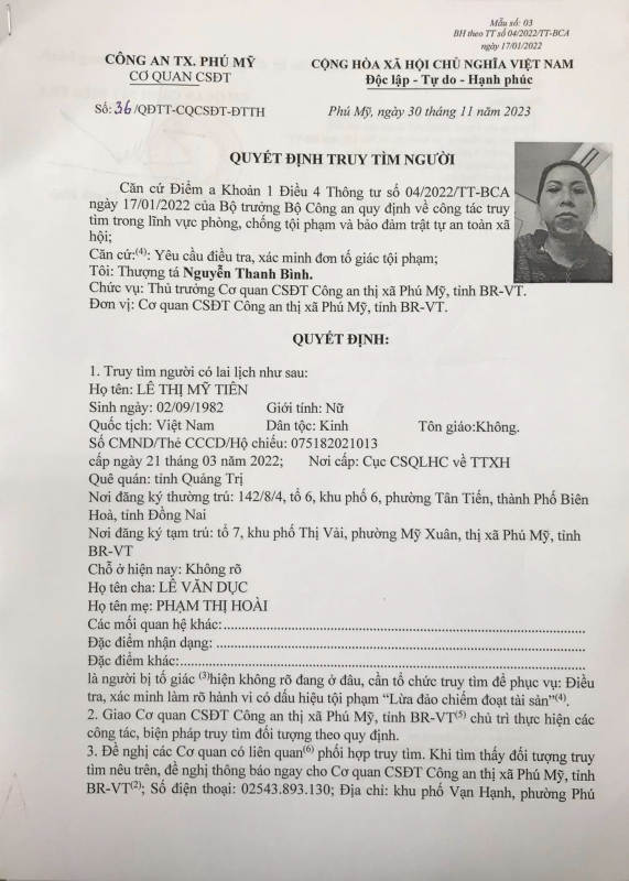 Công an tỉnh Bà Rịa-Vũng Tàu truy nã toàn quốc nhiều đối tượng -0