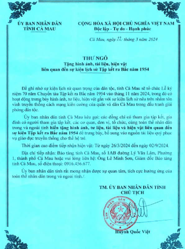Cà Mau kêu gọi hiến tặng hình ảnh, hiện vật liên quan sự kiện tập kết ra Bắc năm 1954 -0
