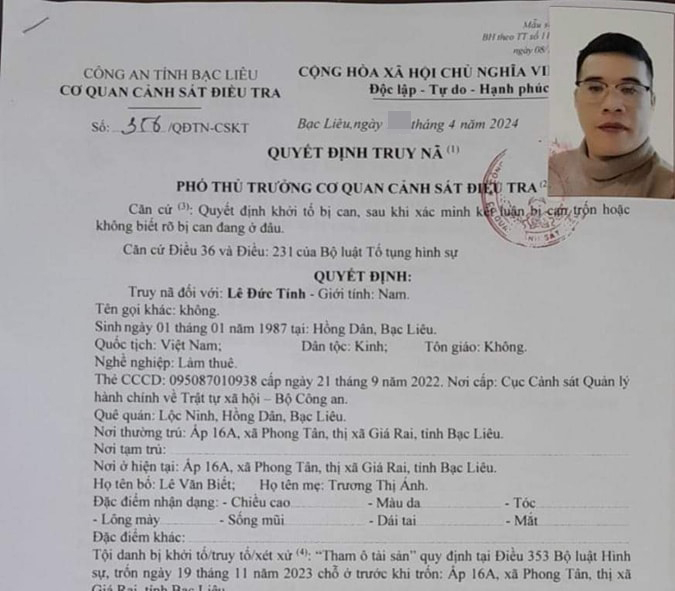 Truy nã chồng nữ kế toán trường học ở Bạc Liêu do tham ô tài sản -0