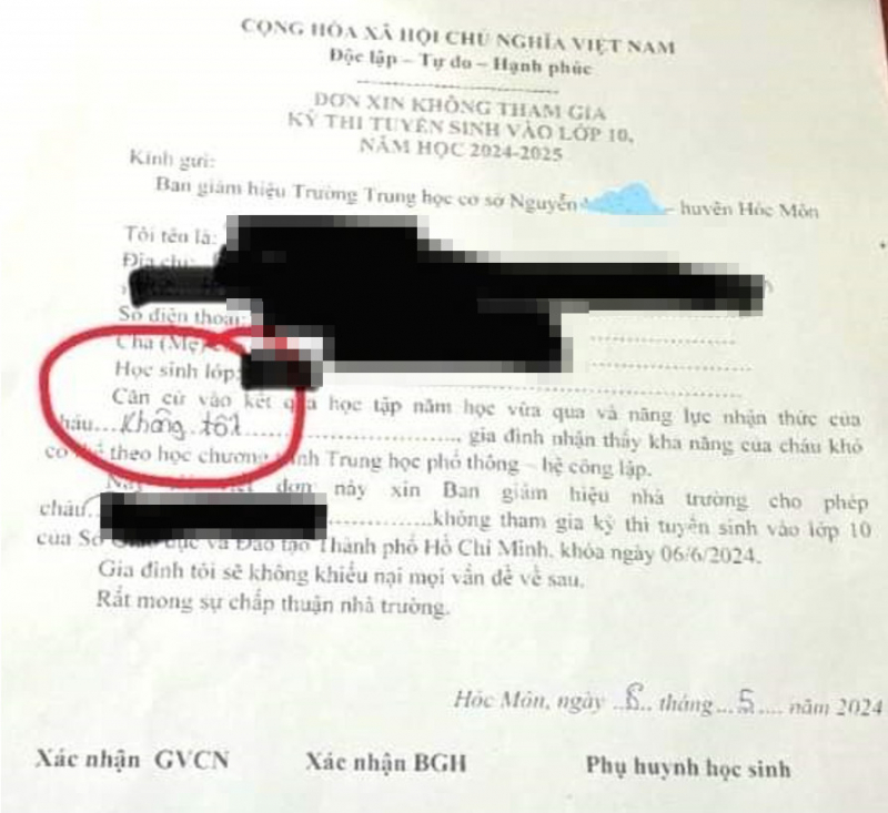 Phụ huynh bức xúc việc giáo viên in sẵn đơn xin không thi lớp 10 để HS điền tên -0
