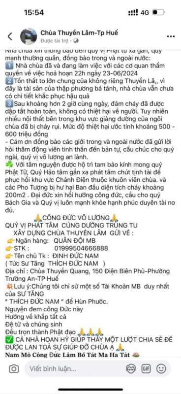 Sau vụ cháy chùa Thuyền Lâm, kẻ xấu kêu gọi hỗ trợ thiệt hại, “hùn phước” để sửa chữa chùa -0