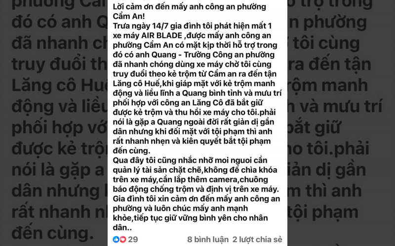 Cảm ơn Công an ở Hội An vượt hàng trăm km truy bắt tội phạm, tìm lại tài sản cho người dân -0