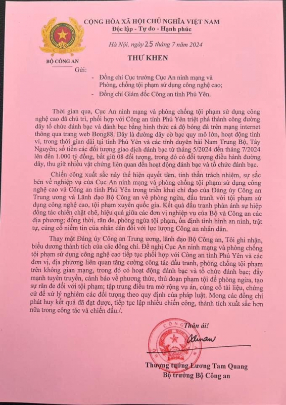 Bộ trưởng Bộ Công an gửi thư khen đơn vị, địa phương đã triệt phá đường dây đánh bạc 1.000 tỷ đồng -0