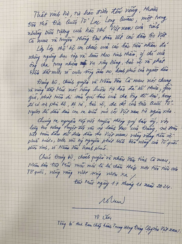 Lưu bút của Tổng Bí thư Tô Lâm tại Đền thờ Đức Quốc Tổ Lạc Long Quân (Đất Mũi, Cà Mau) -0