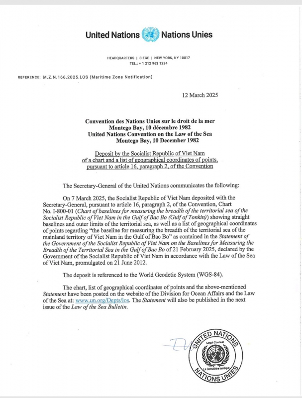Việt Nam lưu chiểu tại LHQ hải đồ và toạ độ đường cơ sở ở Vịnh Bắc Bộ -0