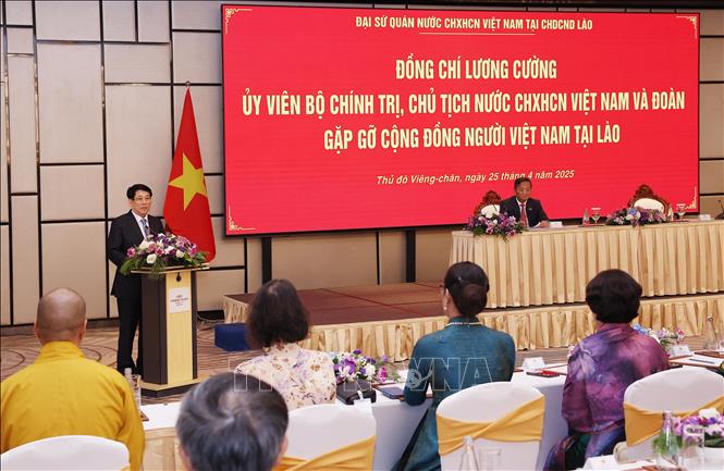 Chủ tịch nước Lương Cường gặp gỡ cộng đồng và doanh nghiệp Việt Nam tại Lào -0