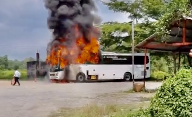 Xe khách 45 cho cháy trơ khung sắt trong khuôn viên nhà hàng -0