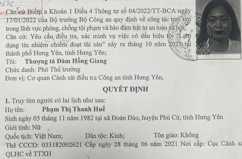 Truy tìm người liên quan trong vụ án lạm dụng tín nhiệm chiếm đoạt tài sản -0
