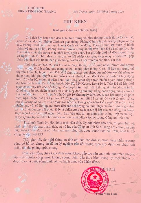 Chủ tịch tỉnh Sóc Trăng có Thư khen Công an kịp thời ngăn chặn đua xe trái phép quy mô lớn -0