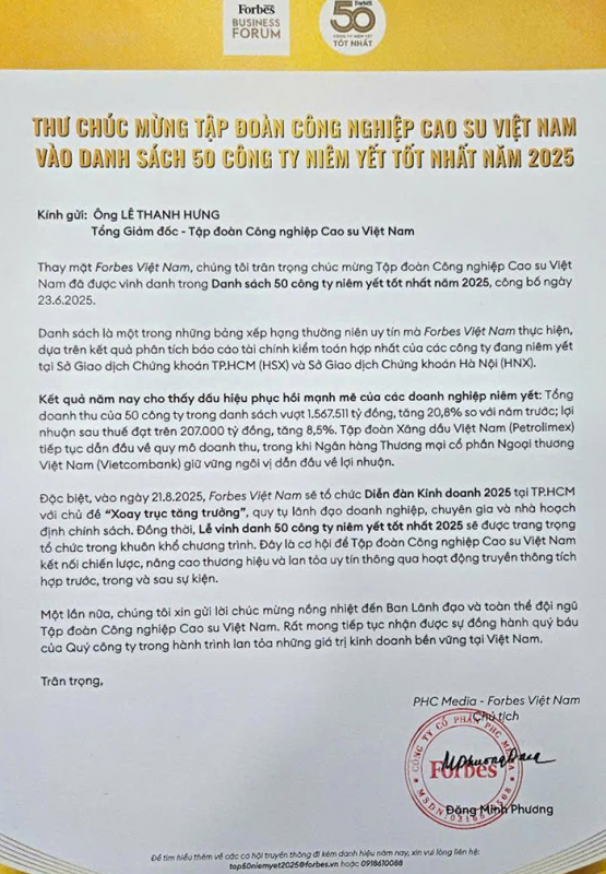 VRG trong Top 50 công ty niêm yết tốt nhất năm 2025 do Forbes Việt Nam bình chọn -0