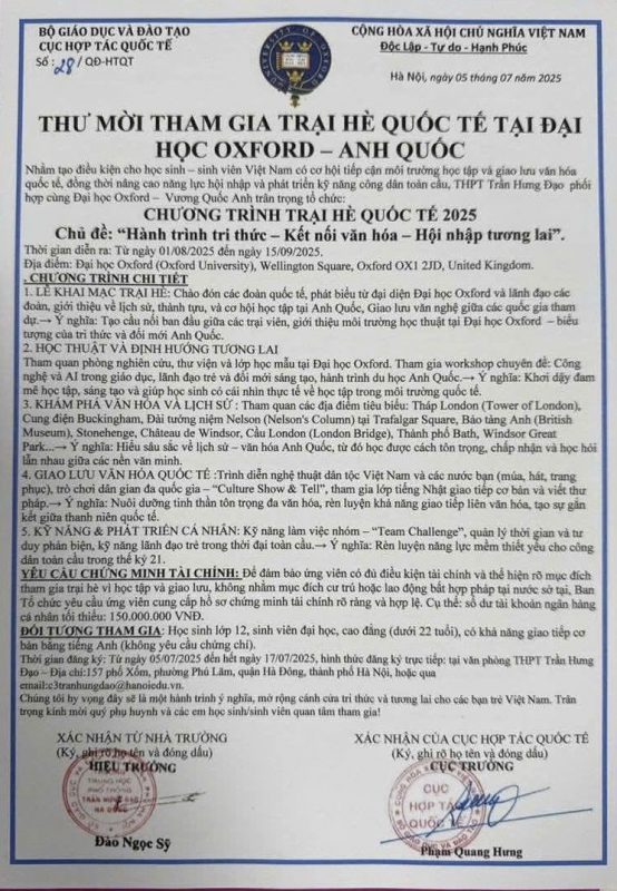 Giả mạo Trường THPT gửi Thư mời tham gia trại hè quốc tế -0