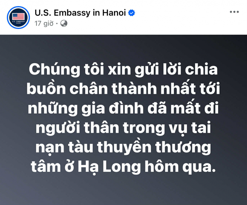 Nhiều nước gửi lời chia buồn đến Việt Nam sau vụ lật tàu ở vịnh Hạ Long -0