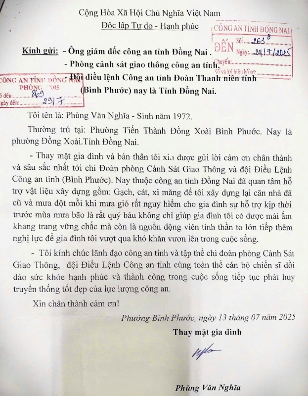 Người dân gửi thư cảm ơn Công an tỉnh Đồng Nai hỗ trợ vật liệu xây nhà -0