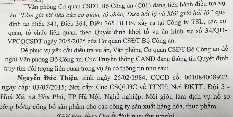 Truy tìm đối tượng Nguyễn Đức Thiện trong vụ án tại Công ty TSL -0