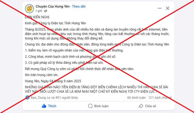EVNNPC cảnh báo hiện tượng lan truyền thông tin sai sự thật về hóa đơn tiền điện trên mạng xã hội -1