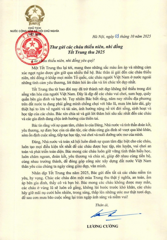 Chủ tịch nước gửi Thư chúc Tết Trung thu 2025 tới các cháu thiếu niên, nhi đồng -0
