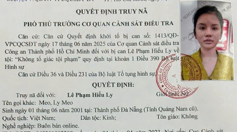Hot girl Ly “Meo” bị truy nã tội không tố giác tội phạm -1