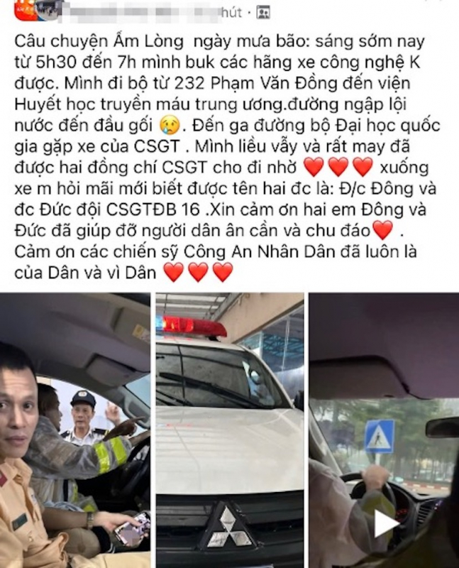 Cán bộ Phòng Cảnh sát giao thông giúp người nhiều dân đi điều trị bệnh trong mưa bão -0