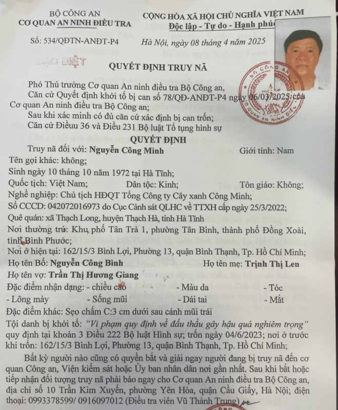 Truy nã đặc biệt Chủ tịch Hội đồng quản trị Tổng Công ty Cây xanh Công Minh -0