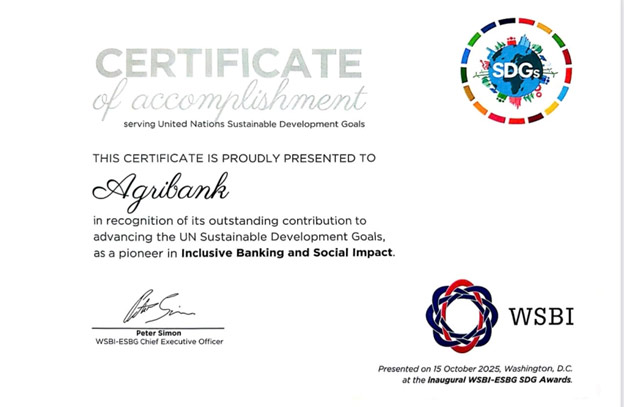 Agribank được WSBI-ESBG vinh danh Giải thưởng Phát triển bền vững 2025 -1