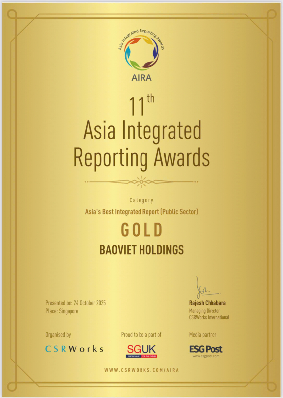 Bảo Việt đoạt giải Vàng Báo cáo tích hợp xuất sắc nhất Châu Á tại Lễ trao giải AIRA 2025 -0