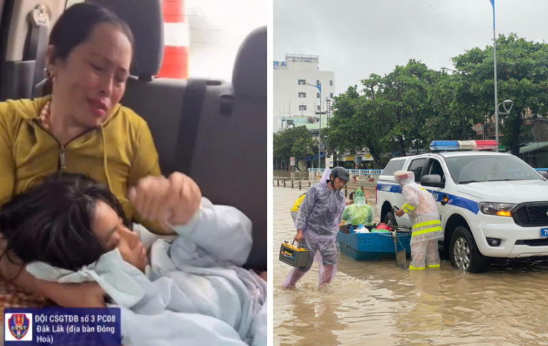 CSGT vượt mưa lũ, dùng xe công vụ đưa sản phụ và bệnh nhân đến bệnh viện kịp thời -0