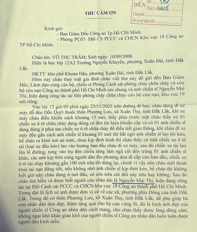 Cứu mình thoát chết trong gang tấc, nữ sinh viết thư cảm ơn chiến sĩ PCCC -0