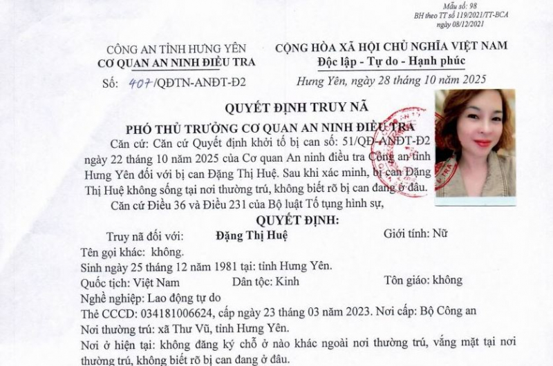 Công an Hưng Yên kêu gọi Đặng Thị Huệ ra đầu thú để bảo đảm quyền bào chữa -0