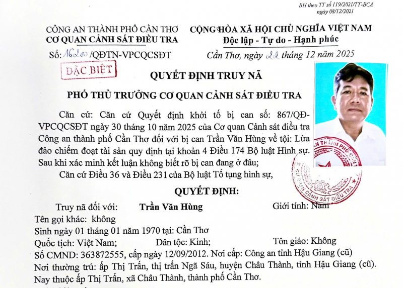 Truy nã đặc biệt đối tượng lừa đảo chiếm đoạt tài sản -0