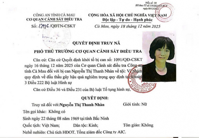 Chủ tịch công ty AIC Nguyễn Thị Thanh Nhàn tiếp tục bị truy nã -0