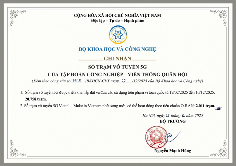 Bộ Khoa học và Công nghệ ghi nhận Viettel hoàn thành cam kết triển khai mạng 5G -0