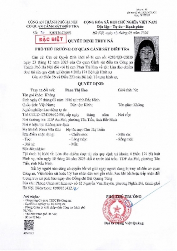 Công an TP Hà Nội truy nã người phụ nữ trong đường dây lừa đảo của Phó Đức Nam, Lê Khắc Ngọ -0