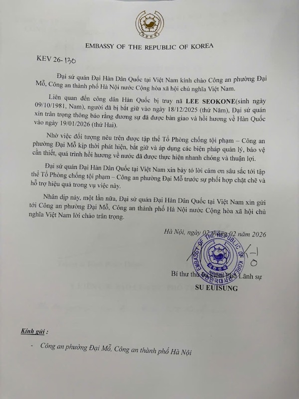 Công an phường Đại Mỗ nhận thư cảm ơn từ Đại sứ quán Đại Hàn Dân Quốc tại Việt Nam -0