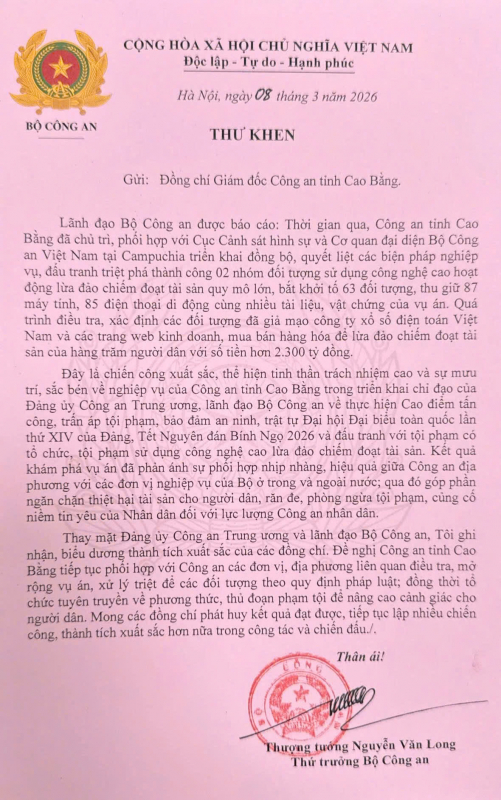 Thứ trưởng Bộ Công an gửi thư khen Công an tỉnh Cao Bằng -0