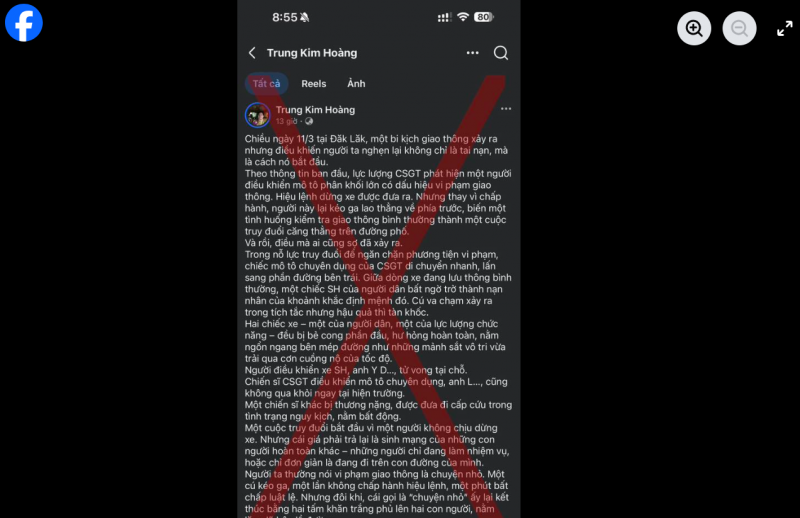 Thông tin một cán bộ CSGT bị tử vong khi truy đuổi xe vi phạm là sai sự thật -0