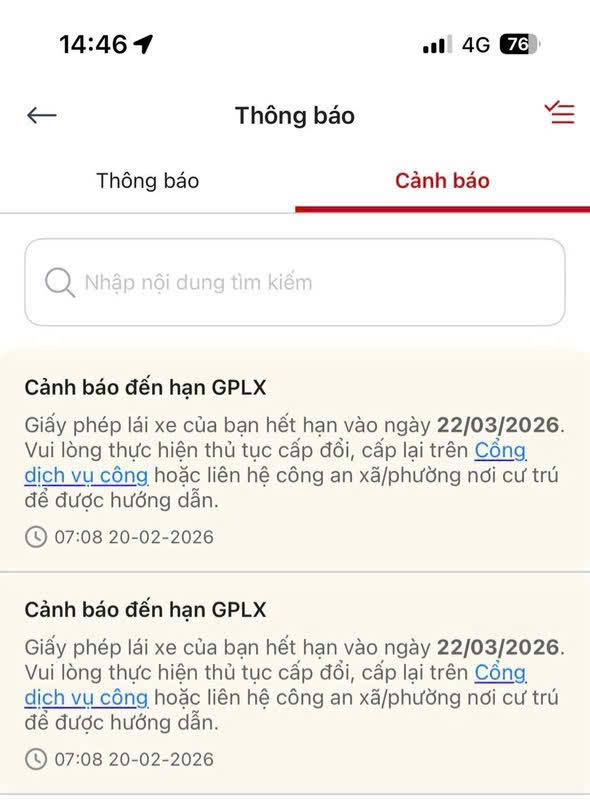 Người dân nhận thông báo nhắc thời hạn đổi giấy phép lái xe trên ứng dụng VNeTraffic -0