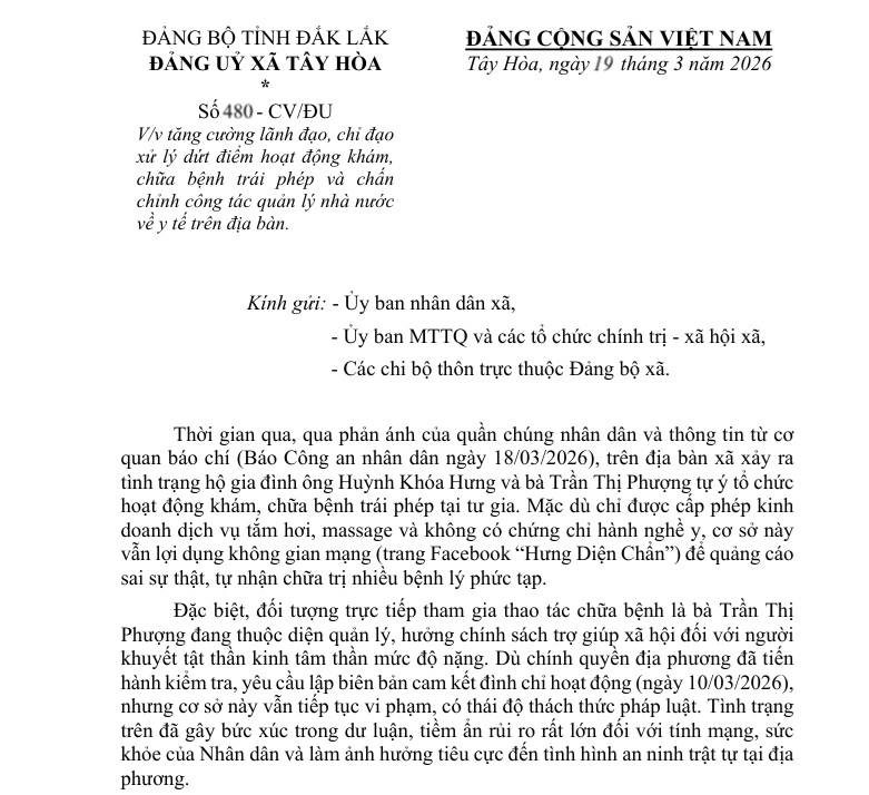           Từ phản ánh của Báo CAND, Đảng ủy xã Tây Hòa chỉ đạo xử lý nghiêm vụ “thầy” chữa bệnh là… bệnh nhân tâm thần -0