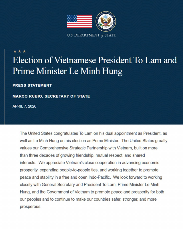 Hoa Kỳ chúc mừng các đồng chí lãnh đạo Việt Nam