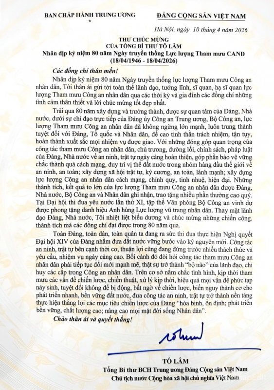 Tổng Bí thư Tô Lâm gửi thư chúc mừng lực lượng Tham mưu Công an nhân dân -0