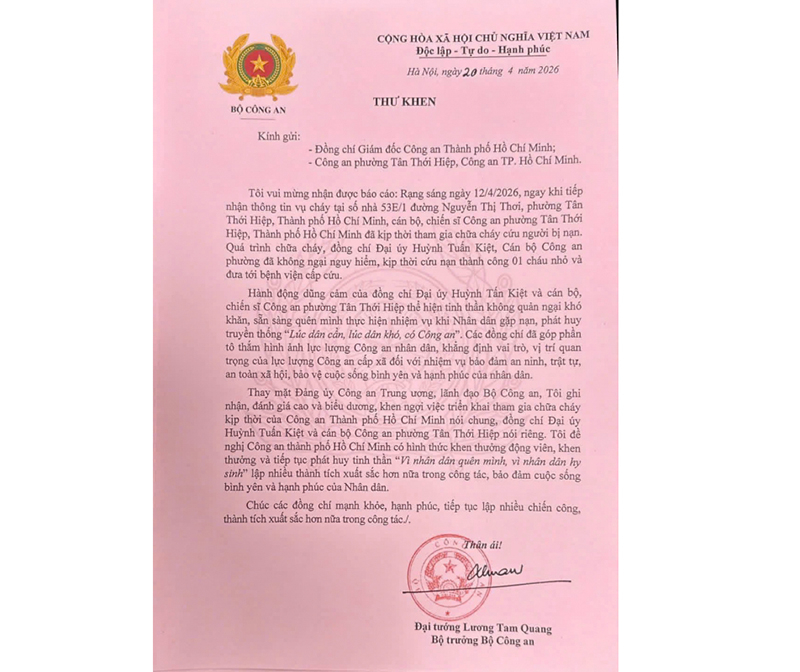 Bộ trưởng Lương Tam Quang có Thư khen Đại úy Huỳnh Tấn Kiệt và Công an phường Tân Thới Hiệp -0