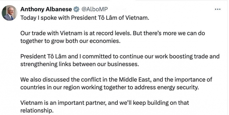 Thủ tướng Australia chia sẻ nội dung điện đàm với Tổng Bí thư, Chủ tịch nước Tô Lâm -0