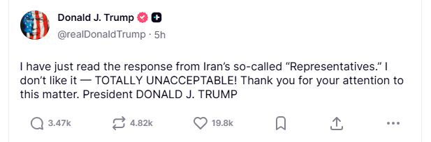Ông Trump không hài lòng với đề xuất hòa đàm của Iran -0